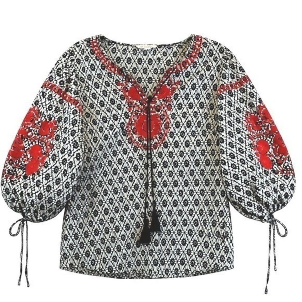 Solitaire Womens Red Embroidered Lace Print Tassel Peasant‎ Blouse Top Black M